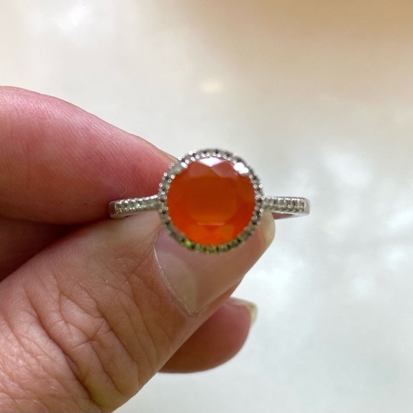 Fire Opal Diamond Halo Ring, 14k White Gold, Sz 9, Exc. Cond. - Picture 5 of 8